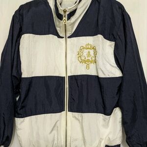 Striped Navy and White Utility Jacket with Embroidered Crest